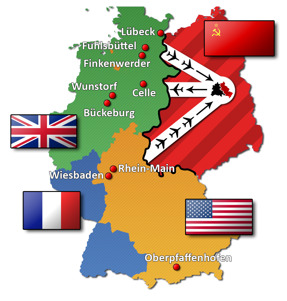 La partition de l’Allemagne en 4 zones d’occupation et les couloirs aériens délivrant les vivres à la partie Ouest de Berlin
